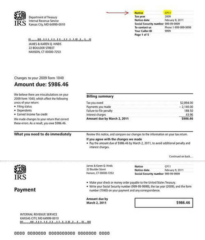 www.irs.gov/cp11 - What does IRS Notice CP11 look like? IRS Notice CP11 return error shown by Colorado Springs Tax Lawyer J David Hopkins to be wrong!