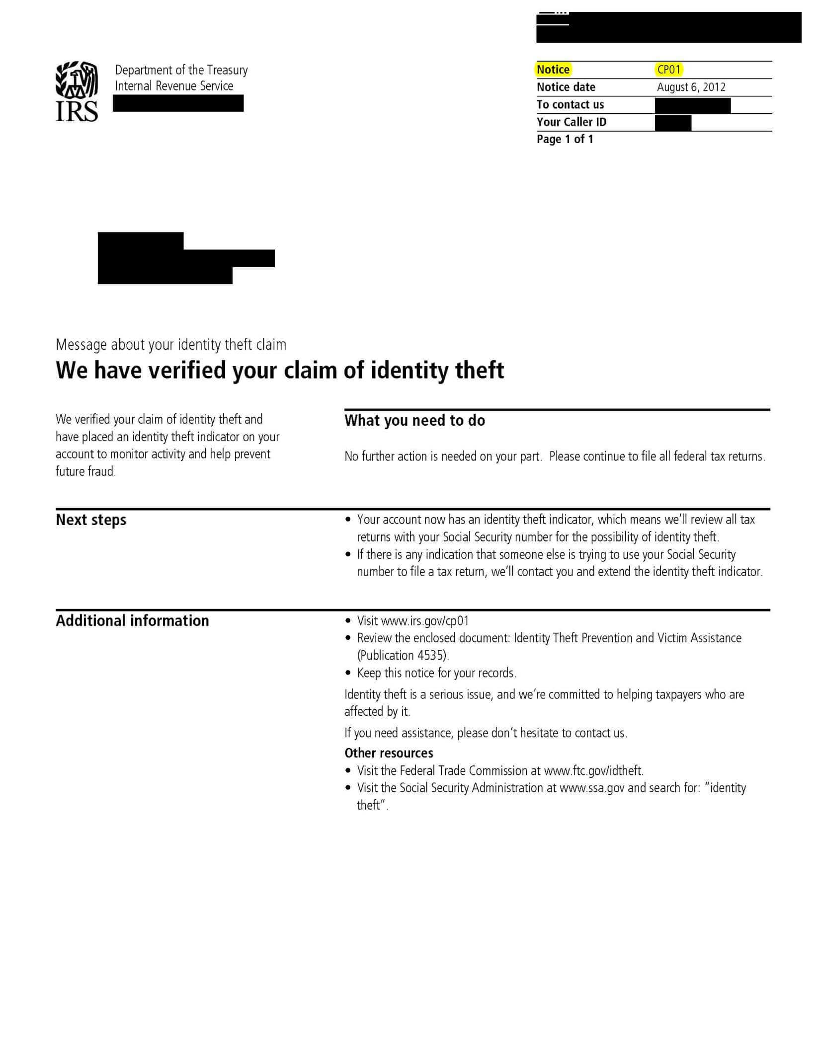 www.irs.gov/cp01 - IRS Notice CP01 concerning identity theft