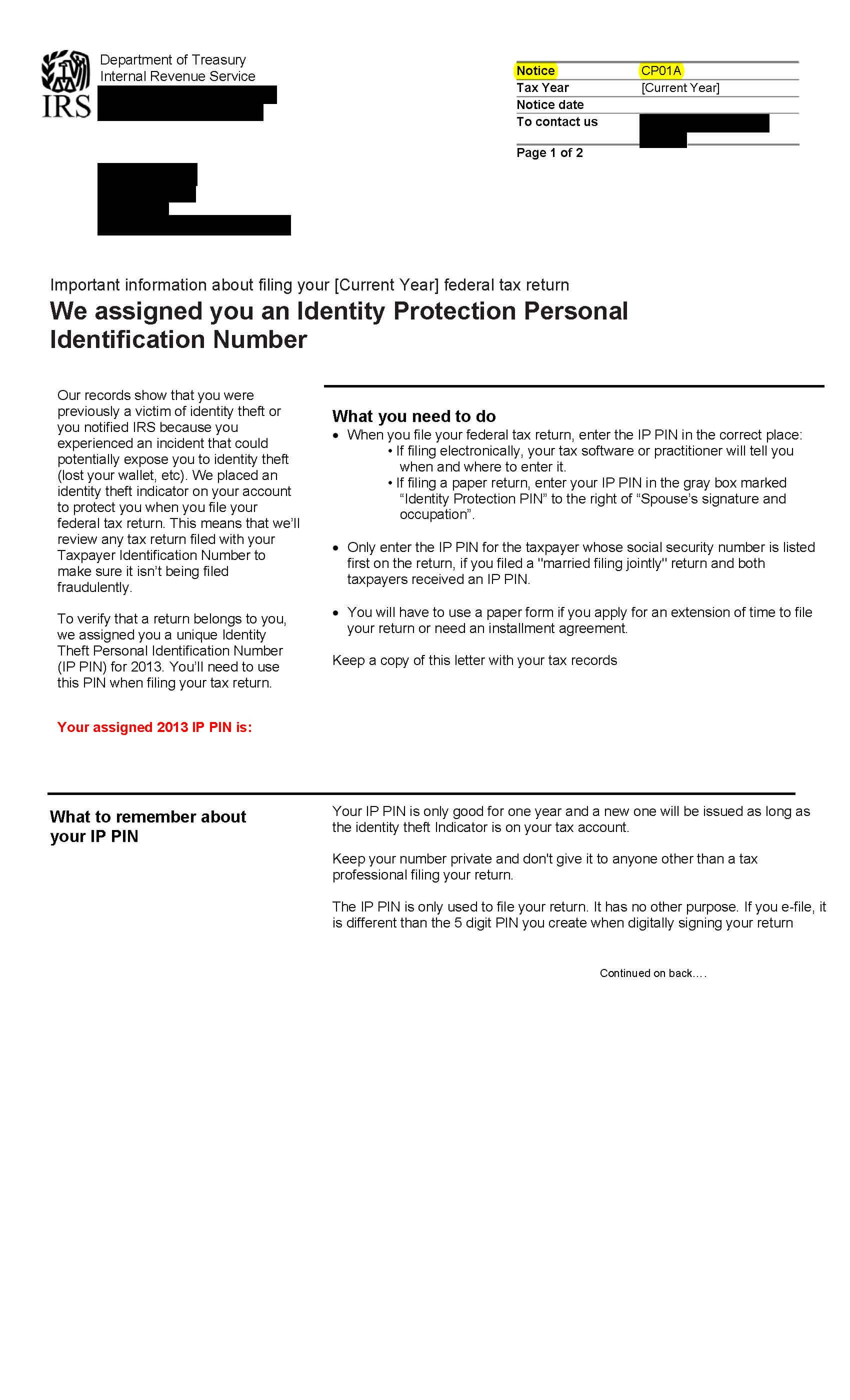 www.irs.gov/cp01a - Notice CP01A gives you an Identity Protection Personal Identification Number
