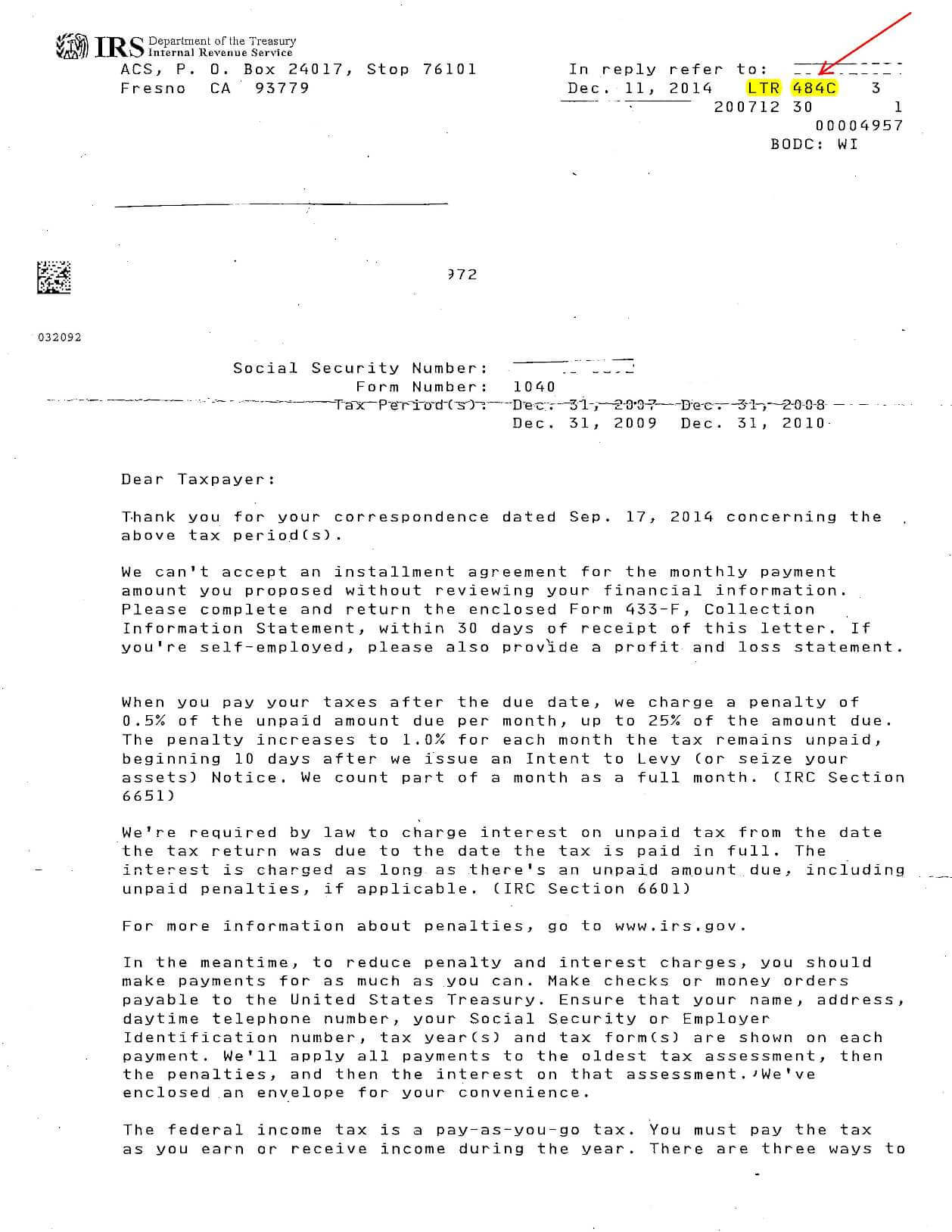 Letter 484C - Denying Installment Agreement