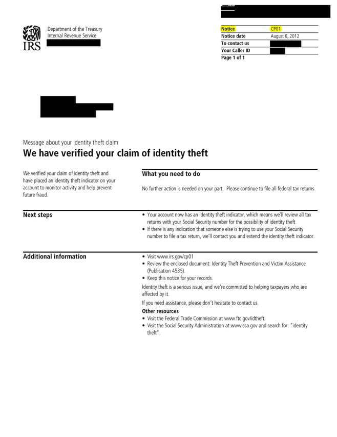 IRS Aviso CP01 Sobre su robo de identidad