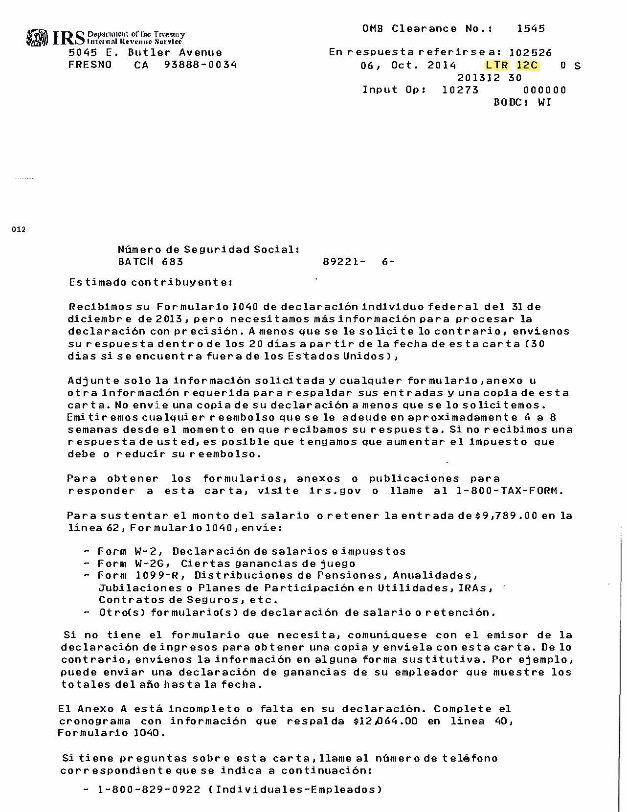 Carta 12C del IRS